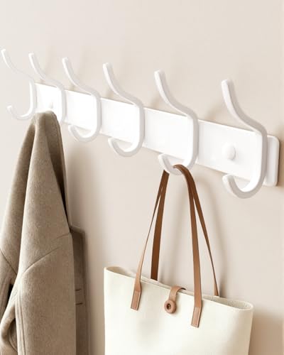 DR. OXXIER Wall Mounted Coat Rack, Aluminum 6-Hook Hanger, White