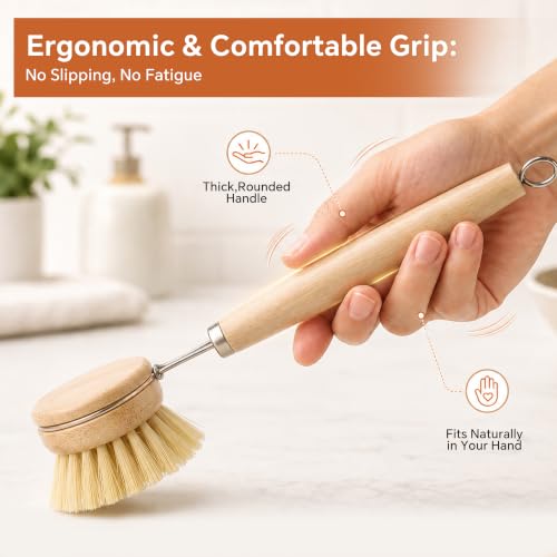 DEBETOOL Bamboo Dish Brush Set with 4 Sisal & Palm Fiber Heads
