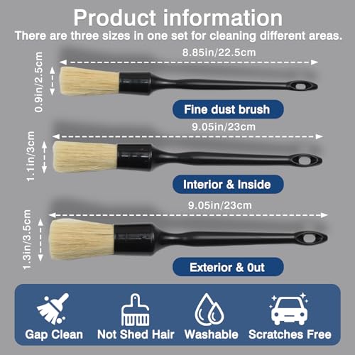 Car Detailing Brush Set - 3 Premium Boar's Hair Cleaning Brushes