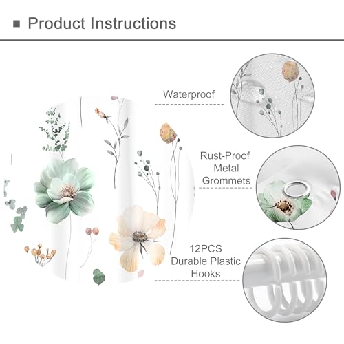 Watercolor Floral Shower Curtain - Sage Green & Beige, 72"W x 72"L