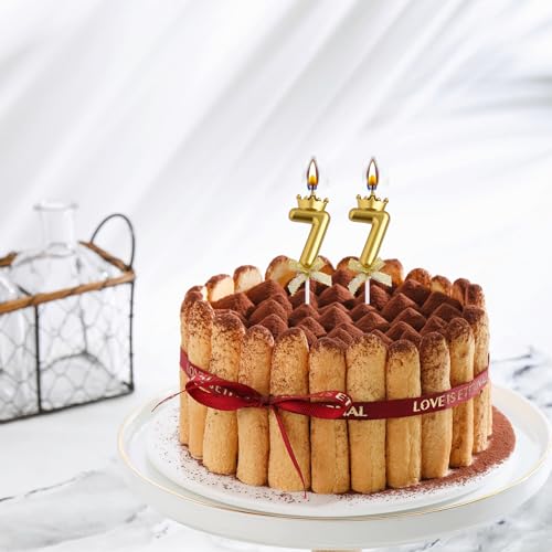 77th Birthday Candle Set - Elegant Smokeless Gold Crown Cake Topper