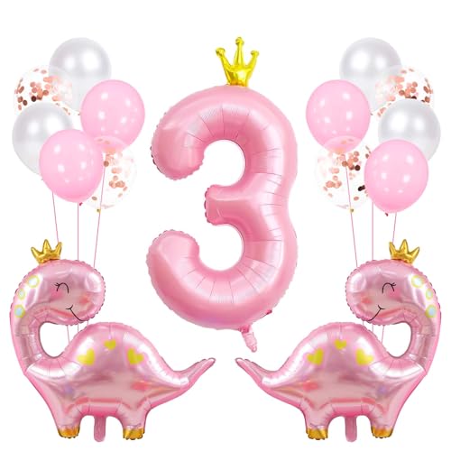 Pink Dinosaur Balloons Kit with 40-Inch Number 3 for Birthday