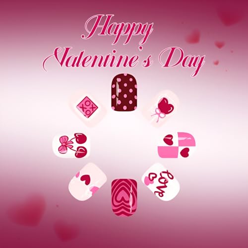 Valentines Press on Nails Short Square Red Heart Fake Nails Glossy Bow