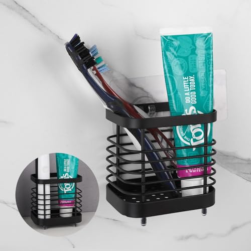 LUEXBOX Black Small Wall Mount Toothbrush Holder - Stainless Steel Organizer