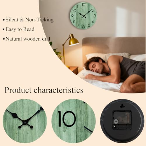 8-Inch Silent Wall Clock - Modern Wooden Non-Ticking Clock, Light Green