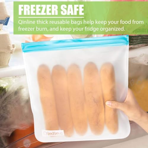 Qinline 10-Pack Reusable Food Storage Bags - Leakproof PEVA Freezer Bags