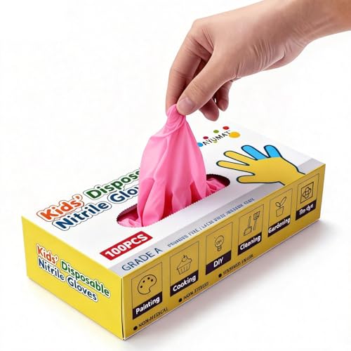 AYUMAT Kids Pink Nitrile Gloves, 100pcs, Latex-Free & Waterproof