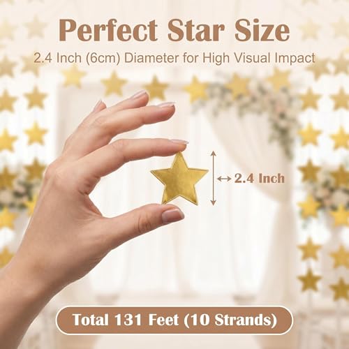 Gold Star Garland - 131FT Glitter Paper Star String for Parties