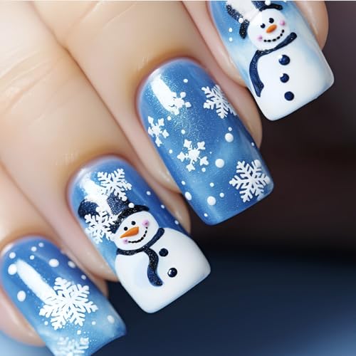Christmas Press On Nails Medium Square Snowflake Snowman Design