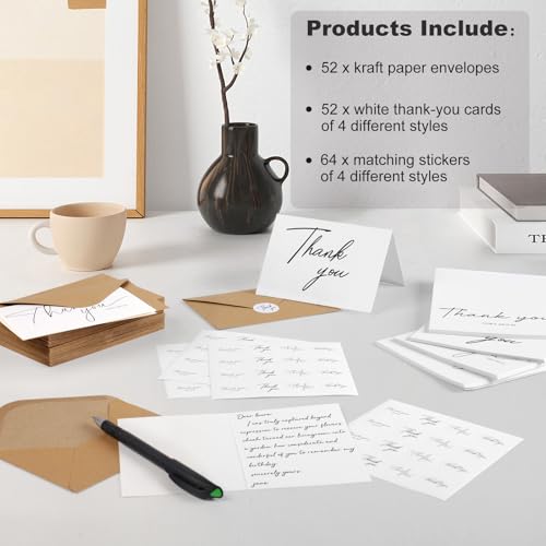 Azureal 52-Pack Thank You Cards with Envelopes & Stickers - 3.5x5 Inch Personalizable Notes for Weddings, Bridal Showers, Graduations & Business