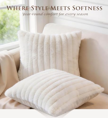 MEGAYES Set of 2 Faux Fur Throw Pillow Covers, 18x18 Striped Plush Cushion