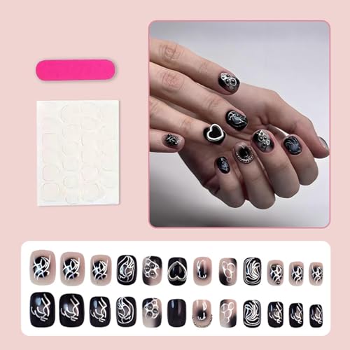 Black Gothic Press On Nails Short Square 3D Heart Chain Y2K