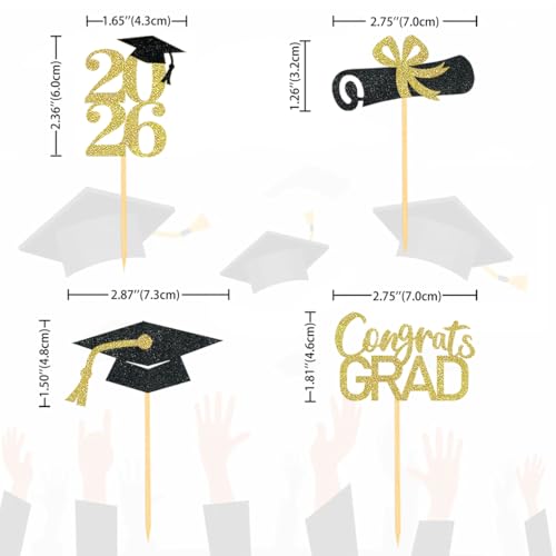 Black Gold Graduation Cupcake Toppers - Class of 2026, 24 Pack