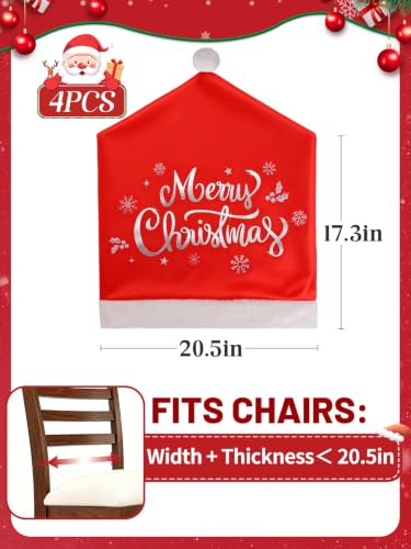 Red Plush Santa Hat Chair Covers for Dining Chairs Set of 4 - Christmas Decor