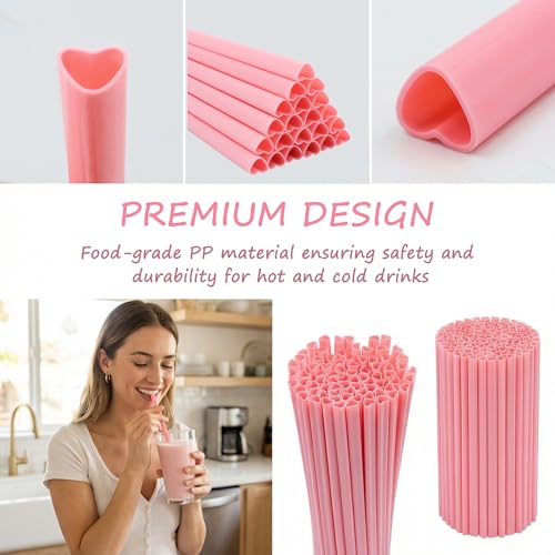 100 Heart Shaped Pink Straws - Individually Wrapped Disposable Straws for Parties