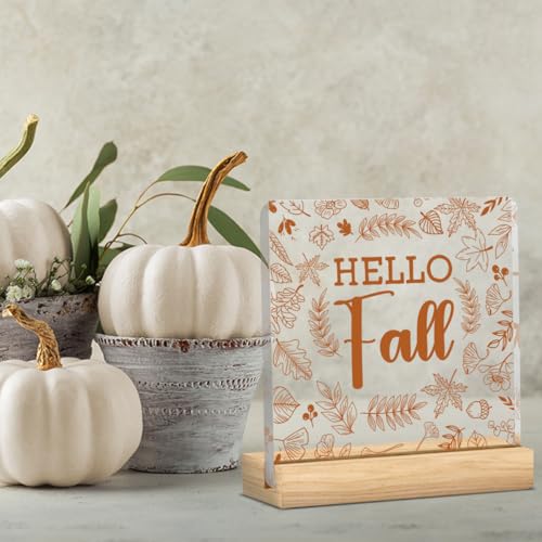 Fall Acrylic Sign with Wooden Base - 4x4 Inch Thanksgiving & Autumn Office Desk Decor