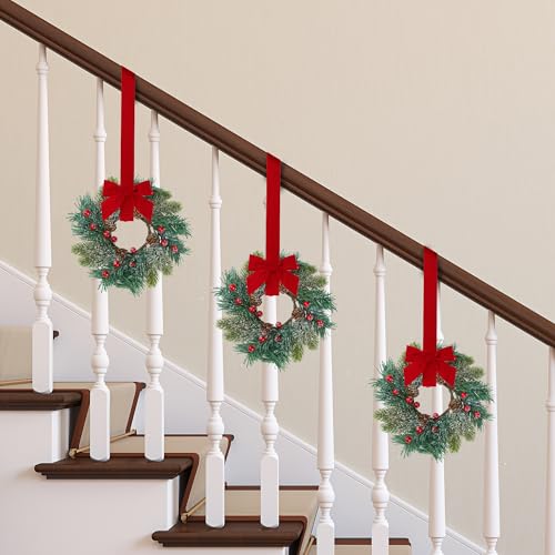 Christmas Mini Wreath for Cabinets - Green Norfolk Frosted Pine with Ribbon Bows & Red Berries, 9 Inch