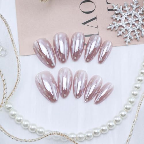 Short Almond White Polka Dot Press on Nails Glossy Fake Nails Kit