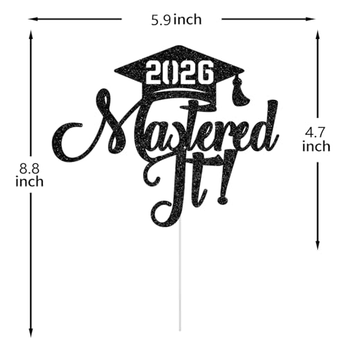 2026 Graduation Cake Topper - Happy Masters Degree in Black Glitter