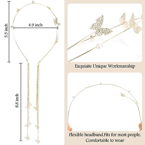 AHONEY Gold Butterfly Rhinestone Headband with Long Tassels Crystal Headpiece