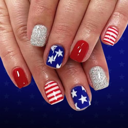 4th of July Press on Nails Short Square Silver Glitter Fake Nails