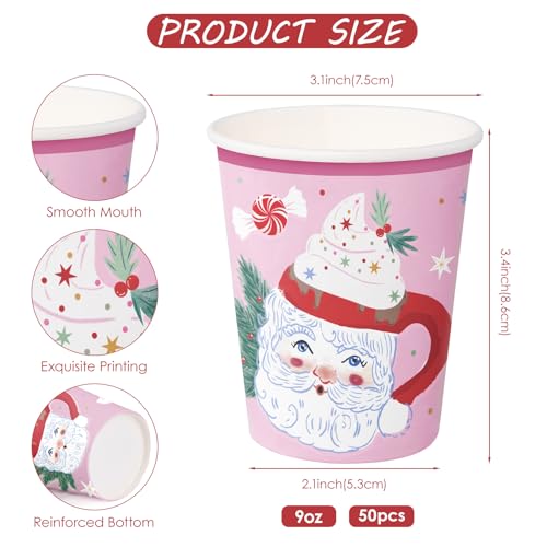 Christmas Paper Cups 50 Pack - Pink Santa Claus Disposable Drinkware, 9 oz Holiday Party Supplies