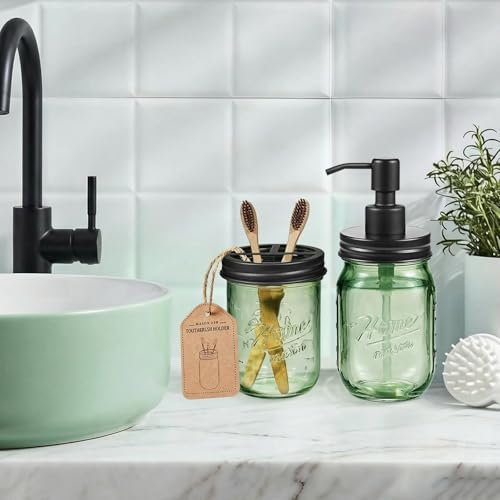 Green Mason Jar Toothbrush Holder with Stainless Steel Lid - Farmhouse Bathroom Organizer