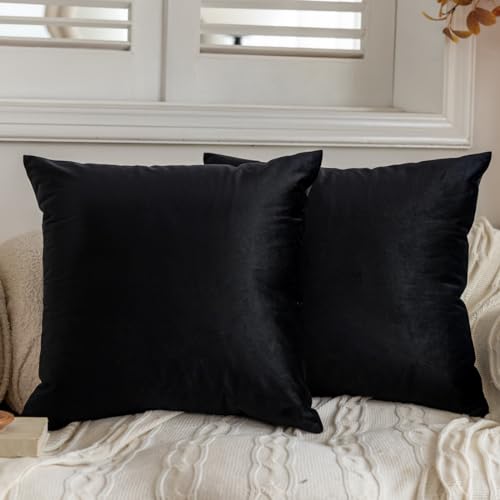 Black Velvet Pillow Covers 18x18 (Set of 2) - Soft Cushion Covers