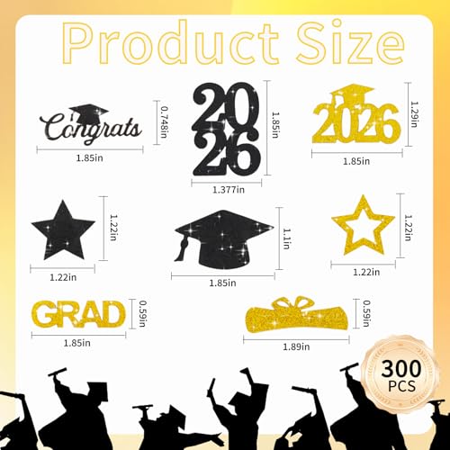 300 Pcs Graduation Confetti 2026 - Gold & Black Party Decor