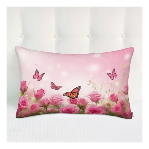 Roses Butterfly Throw Pillow Cover 20x30 Inches - Floral Accent