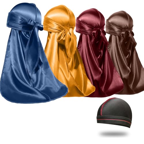 4PCS Silky Durags for Men Women 360 Waves with 1 Wave Cap, Silky Satin Durag Extra Long Tails