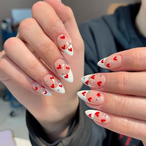 Red Heart French Tip Press on Nails with Rhinestones Medium Pointed