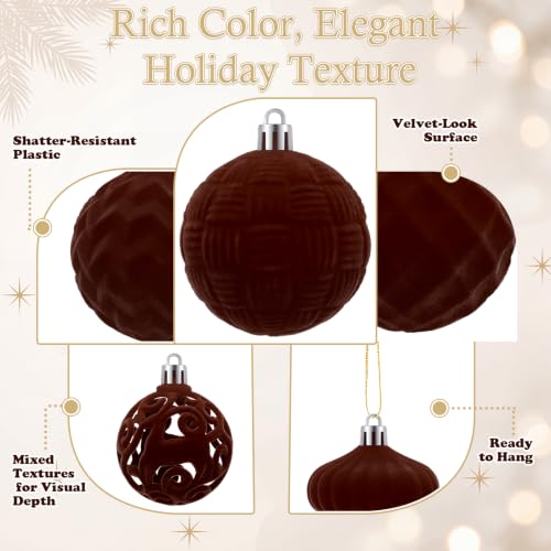 Brown Velvet Christmas Ornaments Set - 46 Shatterproof Holiday Decor