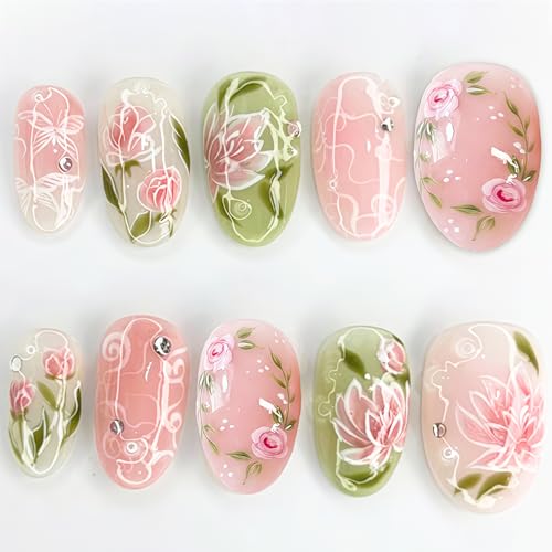 GUAACCB Pink Floral Press On Nails Short Spring Butterfly Fake Nails