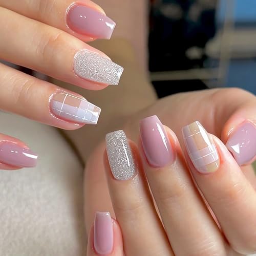 RIICFDD Coffin Press on Nails Medium Plaid White Glitter Fake Nails 24 Pcs