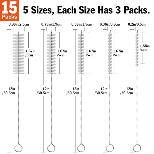 AZEN 15-Pack Extra Long Straw Cleaner Brush Set - 12 Inch, 5 Sizes