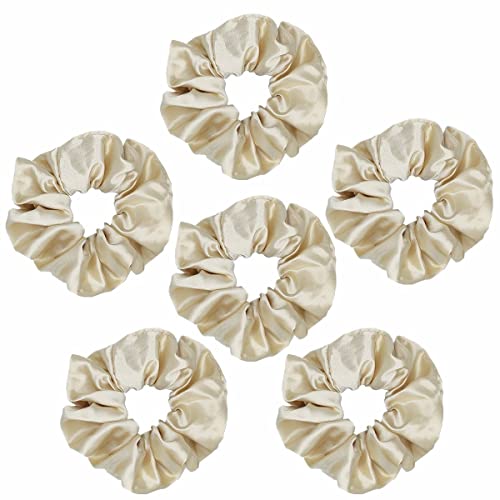 Sufermoe Satin Silk Hair Scrunchies 6-Pack - 4.3 Inch Light Gold Elastic Hair Ties & Ponytail Holders for Women