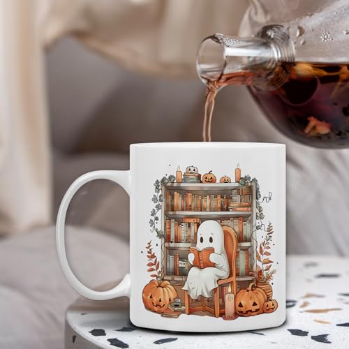 Halloween Reading Ghost Mug - White 11oz Ceramic Coffee Cup for Book Lovers