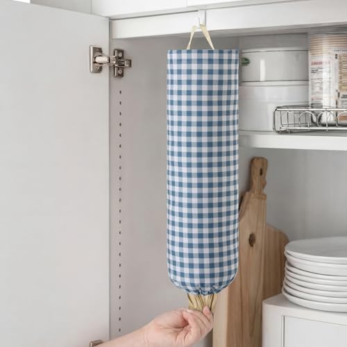 Gingham Canvas Grocery Bag Holder - Dusty Blue Wall Mount Organizer