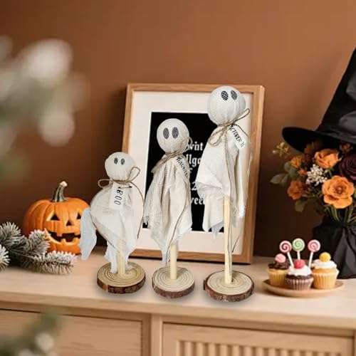 Rustic Wooden Ghost Halloween Decorations 3-Piece Farmhouse Tabletop Sitters