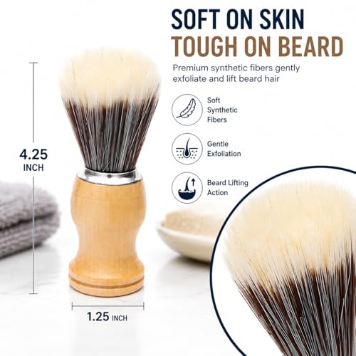 LUXXII Men's Shaving Brush - Synthetic Bristle Beard Shave Brush with Ergonomic Wooden Handle for Wet Shaving