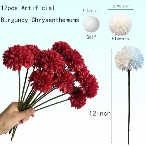 Burgundy Artificial Mums - 12Pcs Silk Flowers with Bendable Stems