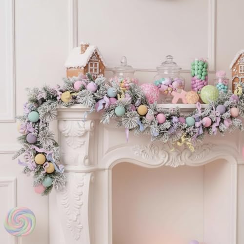 Pastel Christmas Garland Decoration 6.5ft Flocked Pine with Pink Blue Balls - Pastel Ball Variation