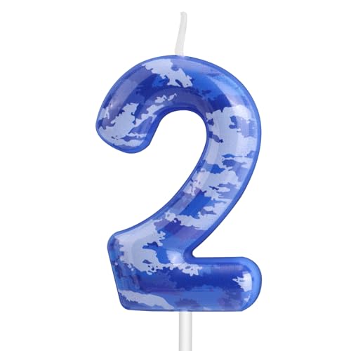 Camouflage Number 2 Birthday Candle - Blue Camo Army Cake Topper