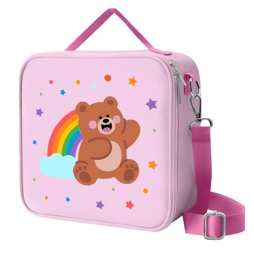 Insulated Kids Lunch Bag with Adjustable Strap - Bear Pink