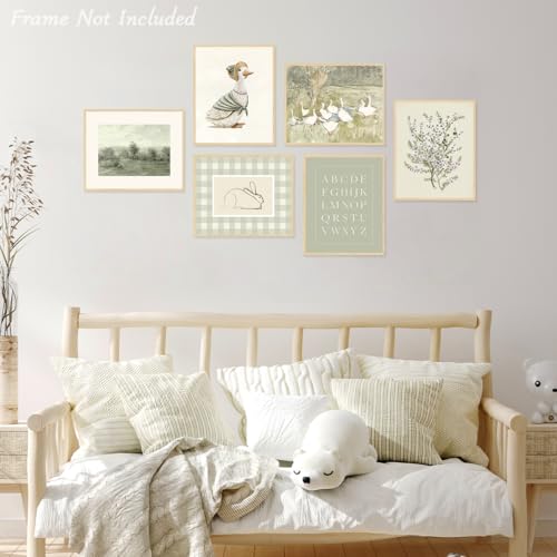 Sage Green Nursery Wall Art Set - 6Pcs Vintage Floral Animal Prints 8x10