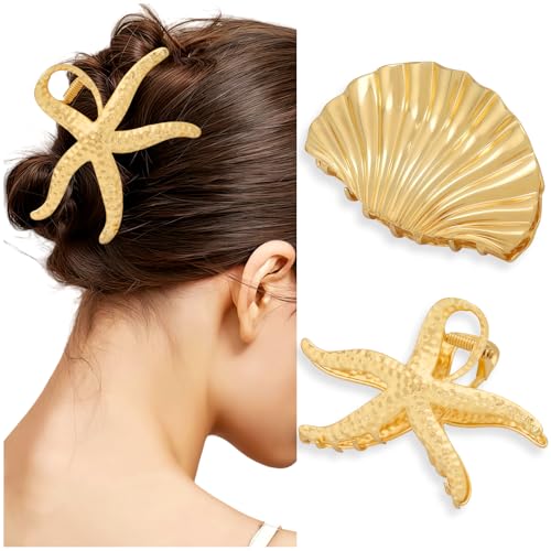 Zkptops Gold Metal Seashell & Starfish Hair Claw Clips 2-Piece Set