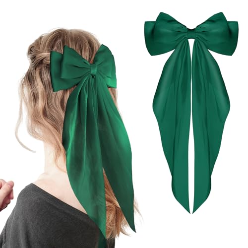 WLLHYF Satin Silky Long Tail Hair Bow Barrette Metal Hair Clip Green