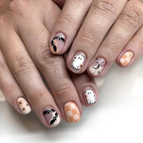 Halloween Press on Nails Short Square False Nails Ghost Bat Acrylic Kit