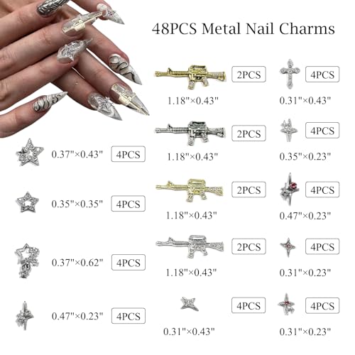 GAWRJ 48PCS Y2K Metal Star & Cross Rhinestone Nail Art Charms